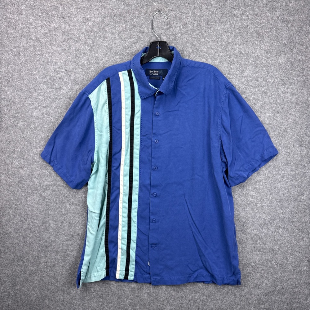 Nat Nast Luxury Originals Mens XL Blue 100% Silk Striped Bowling‎ Shirt Retro